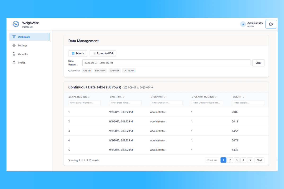 WeighWise data capture interface